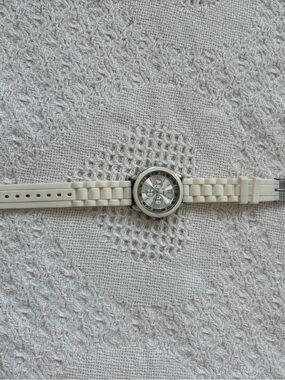 White Silicone Dress Watch with Rainbow Crystal Accent